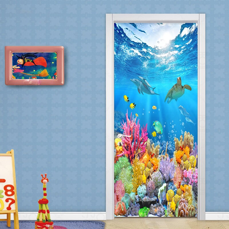Door Sticker Self Adhesive HD Deep Ocean Fish Wallpaper Diy Prints Pictures Wall Art Home Decor 3D Mural Bathroom Door Decal