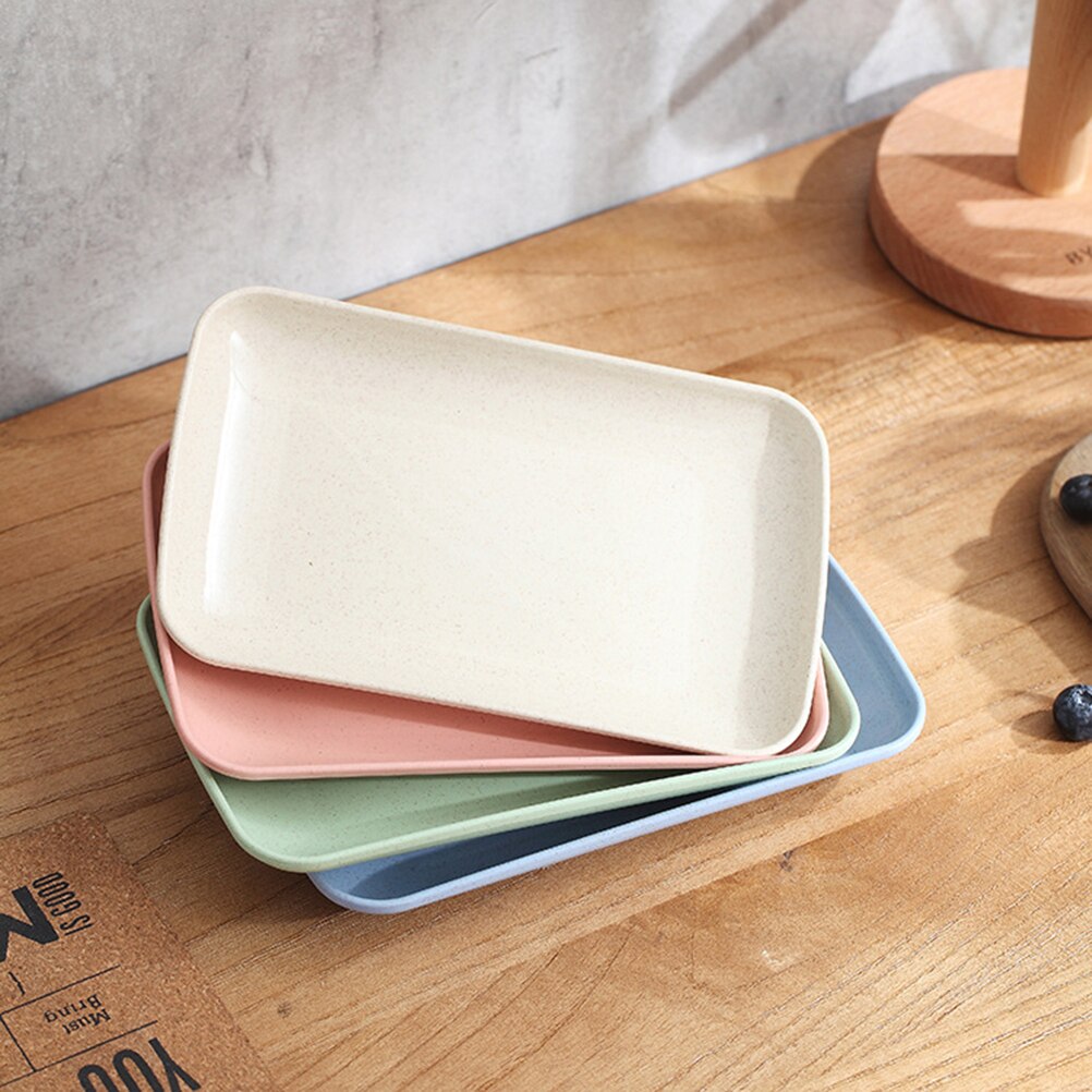 4pcs Wheat Straw Rectangular Dinner Plate Dessert Sushi Pasta Plate Dishes Microwave Oven Available Kitchen Tableware