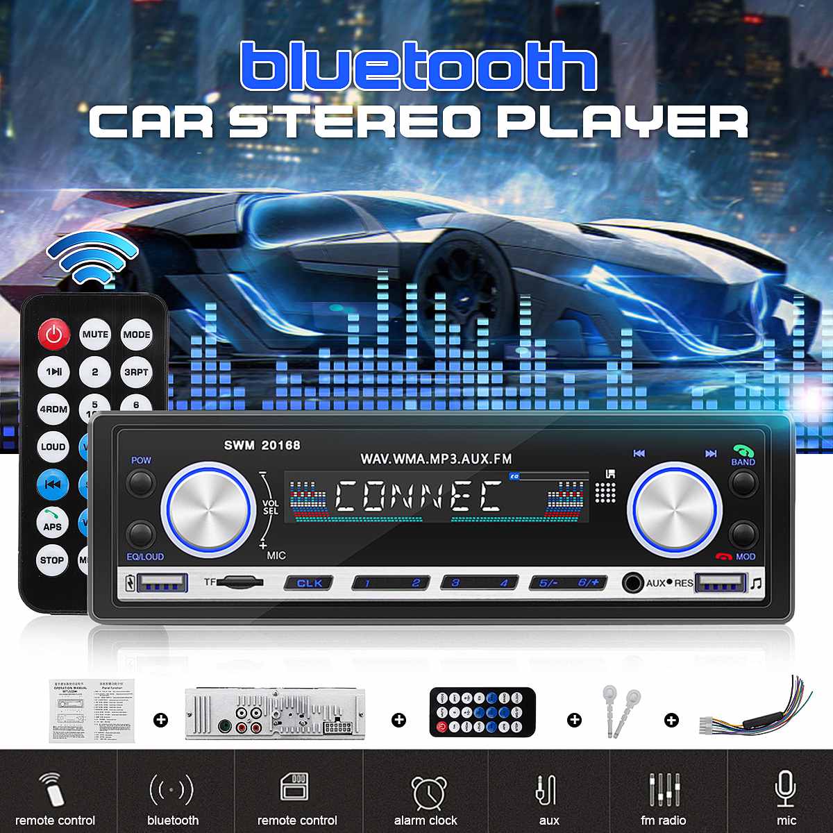 12V 1Din Car Radio Stereo Auto Autora MP3 Player bluetooth With Remote Control AUX USB SD FM U Disk 12V Support Reverse Image