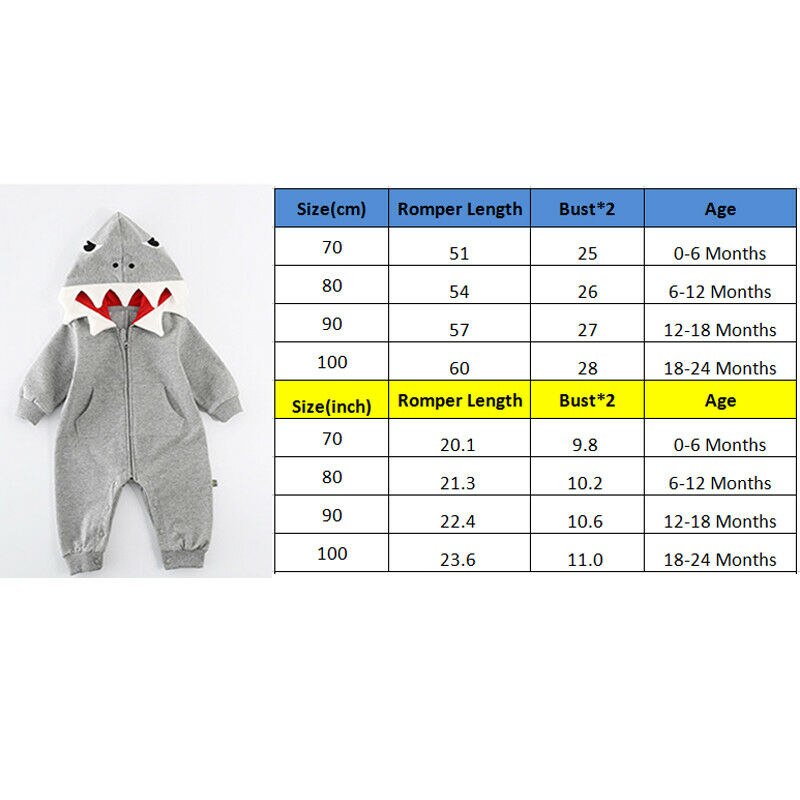 0-24M Newborn Baby Boys Girls Shark Long Sleeve Romper Hooded Playsuit Spring Autumn Baby Kids Outfits Costume