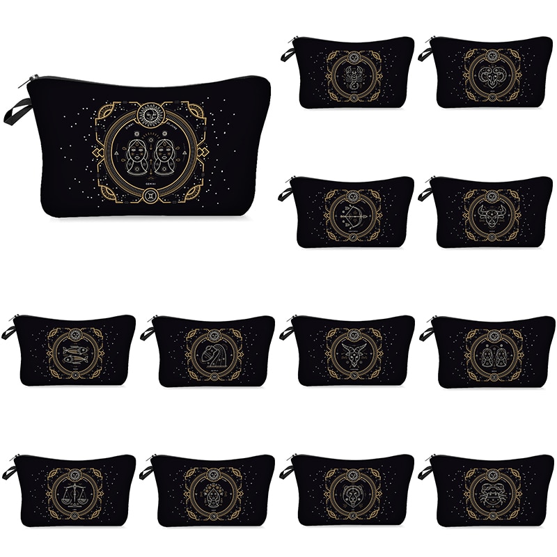 Women Makeup Cosmetic Bag Black Toiletry Bag With 12 Constellation Travel Bag Organizer Beauty Case Printed Makeup Pouch
