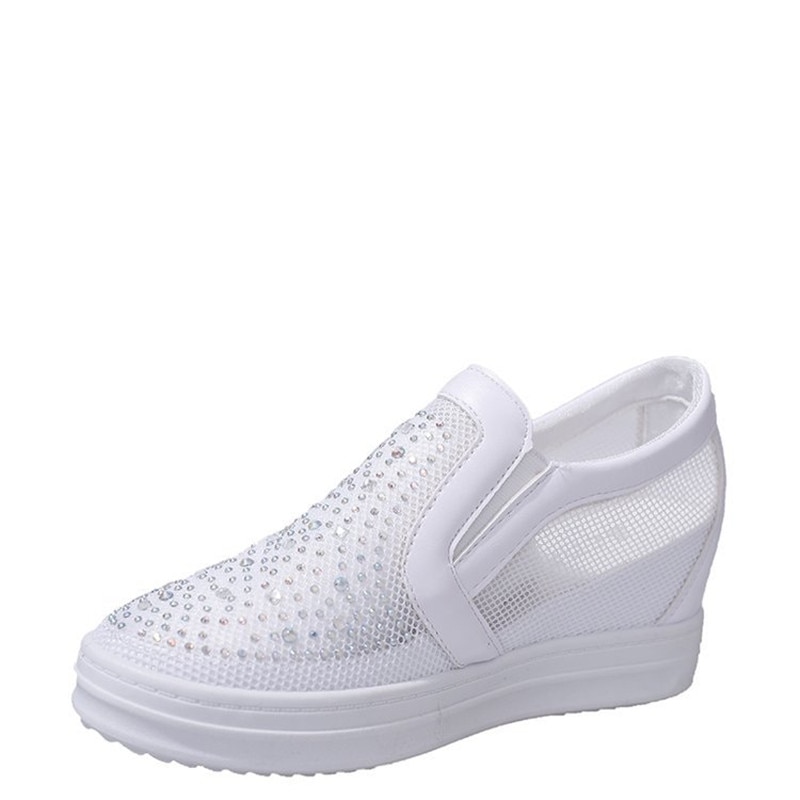 Pustende mesh hvit kile sneaker høy plattformhøyde økt skjulte sko sommer vill uformelt tykk såle nettsko