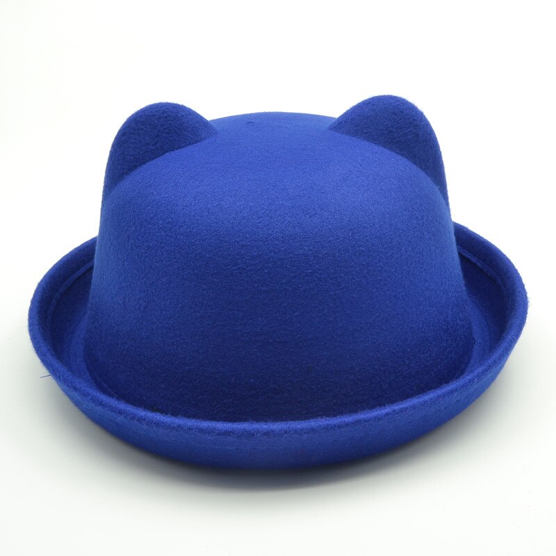 Cute child bowler hat wool felt Fedora hats for Women Girls Children solid Cat Ear formal cap trilby Sombrero Derby: Blue