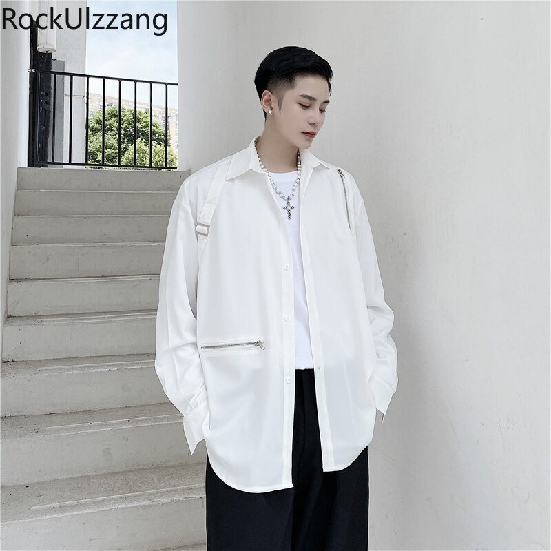 Plus størrelse langermet høstantrekk søm glidelås ringe bånd fast punk streetwear skjorte mørk bluse hofte hopp harajuku menn goth