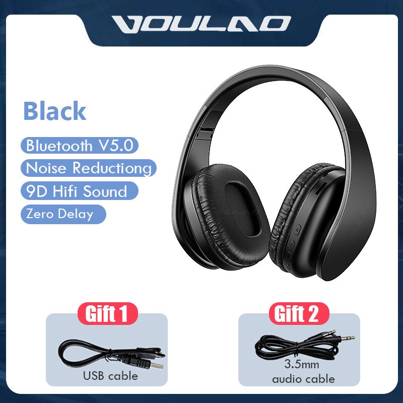 Bluetooth 5.0 hovedtelefoner foldablel 9d bas stereo trådløs øretelefon støjreduktion gaming headset mikrofon  mp3 til mobil pc: Sort