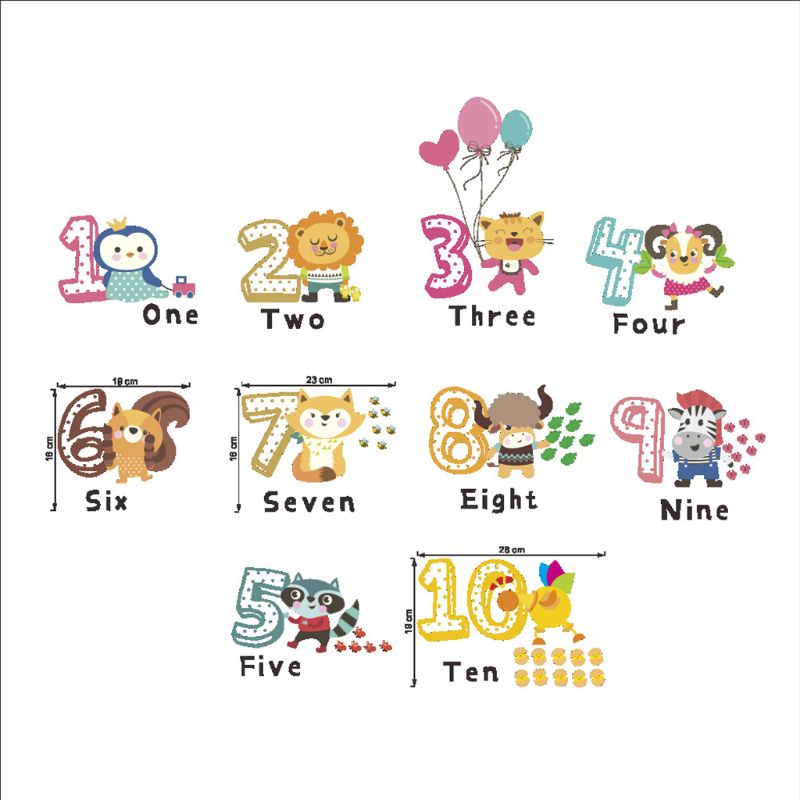 Muurstickers met cijfers, kinderkamerachtergrond, muurdecoratie, cartoon, dierensticker, kleuterschool, zelfklevend papier