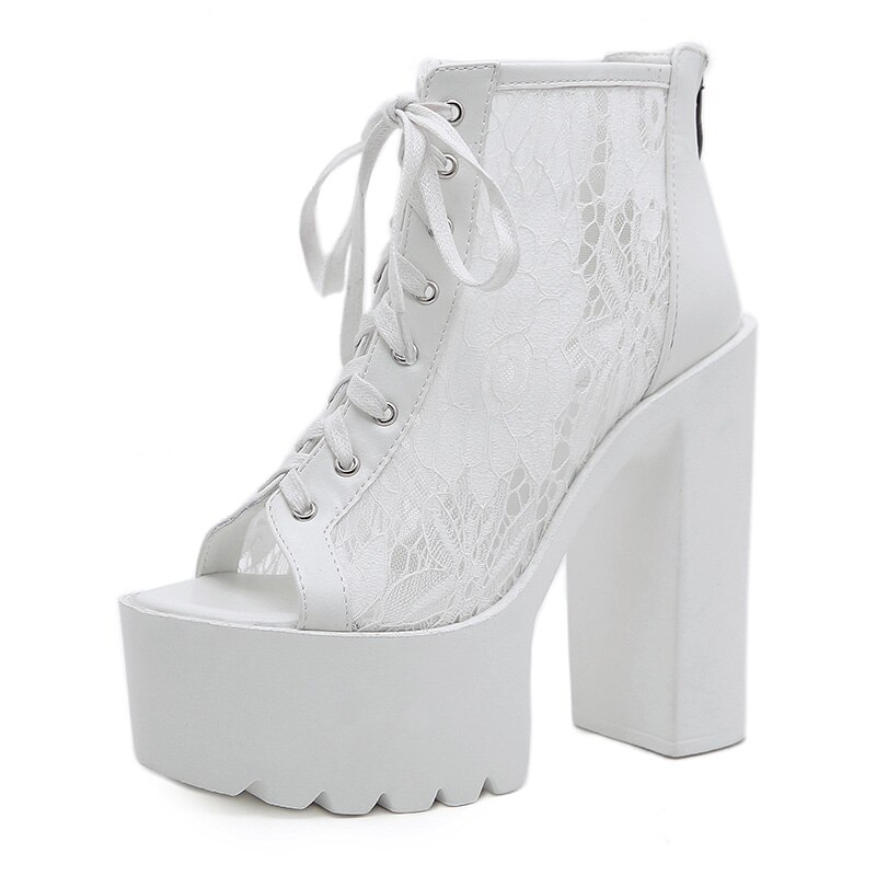 Gdgydh Peep Toe Enkellaars Voor Vrouwen Hoge Hakken Schoenen Model Party Lace Up Wedding Schoenen Voor Vrouwen Bruid Wit rubberen Zool: white shoes / 8.5