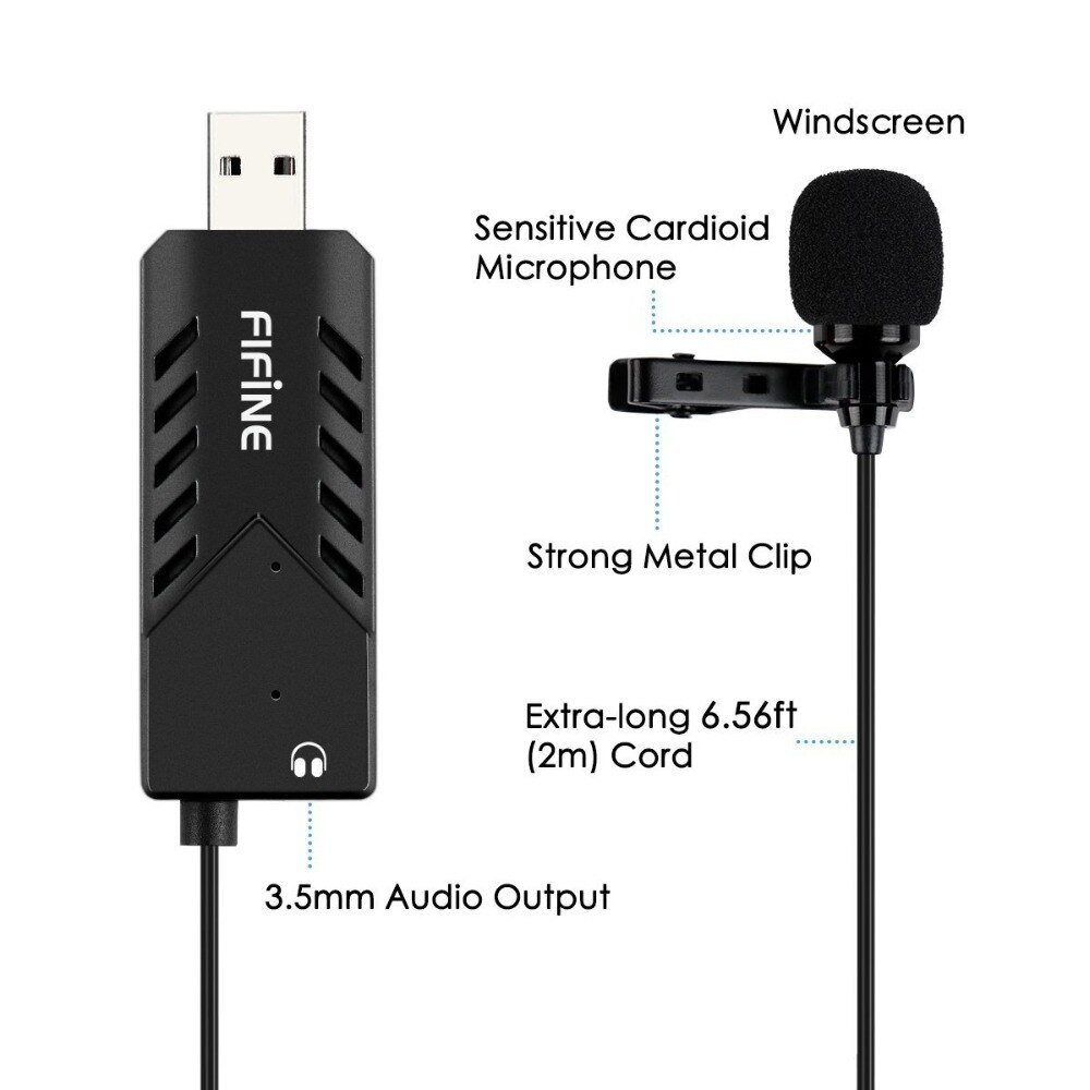 FIFINE Lavalier Clip-on Cardioid Condenser Computer mic plug and play USB Microphone With Sound Card for PC and Mac -K053