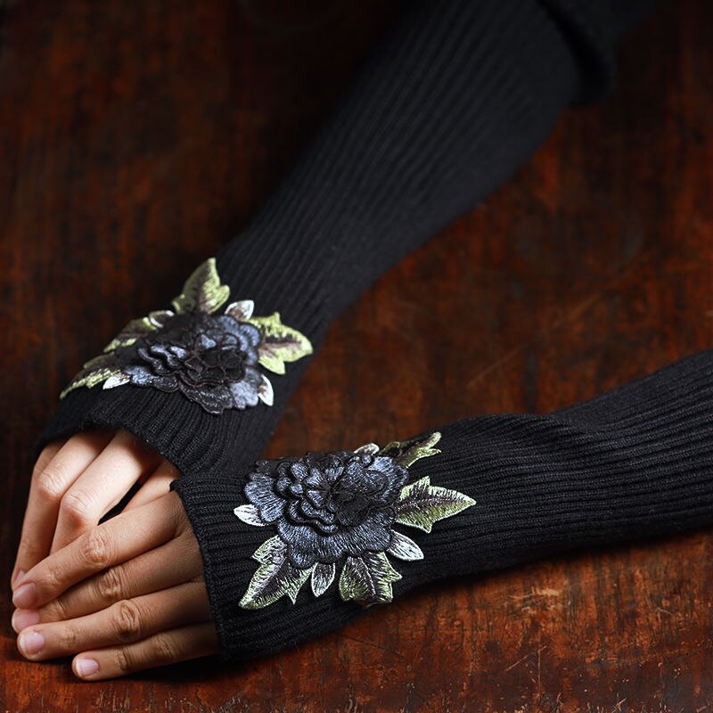 Wonens Embroidery Gloves Punk Womens Long Winter Fingerless Gloves Womens Long Winter Fingerless Gloves: Black Type1