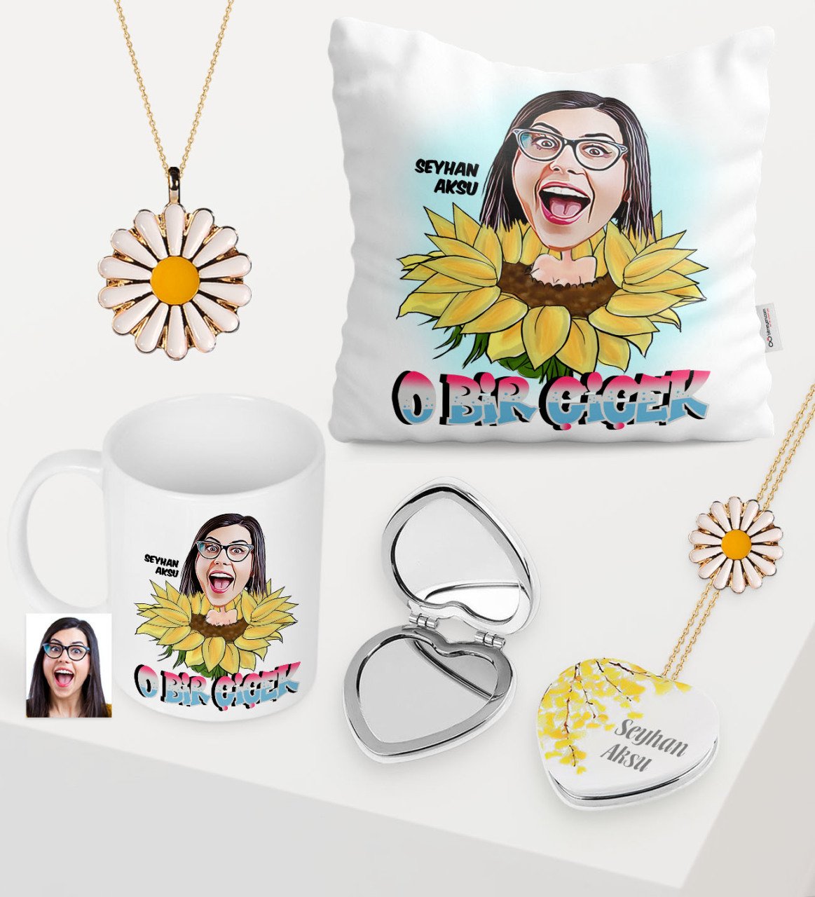 Vrouwen Custom Karikatuur Van Cup Bloemen Spiegel Kussen Daisy Sieraden Set-1: Default Title