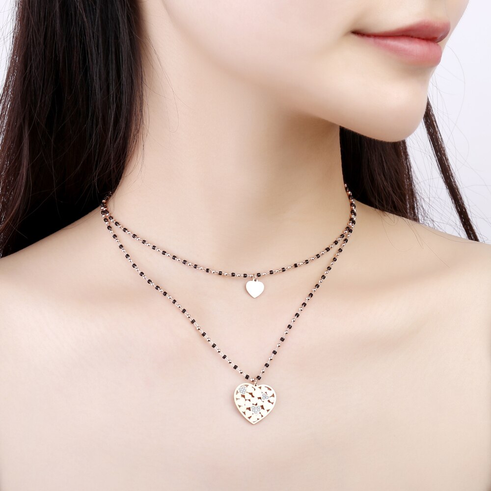 Acier inoxydable coeur déclaration collier 2 couches cristal perles chaîne bohême bijoux pendentif colliers pour femmes accessoire