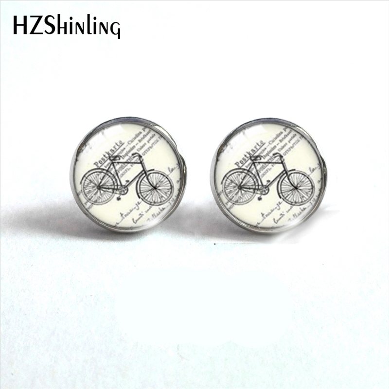 Pendientes de tuerca de vidrio de acero inoxidable para bicicleta, joyería de de oreja de cabujón de vidrio, libro de flores Vintage: Blanco / PLATEADO