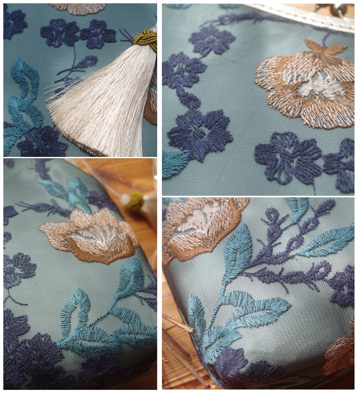 Handmade Women Floral Emboriery Handbag Lady Chinese Old Style Vintage Retro Gauze Fringe Clip Top-handle Messenger Bag