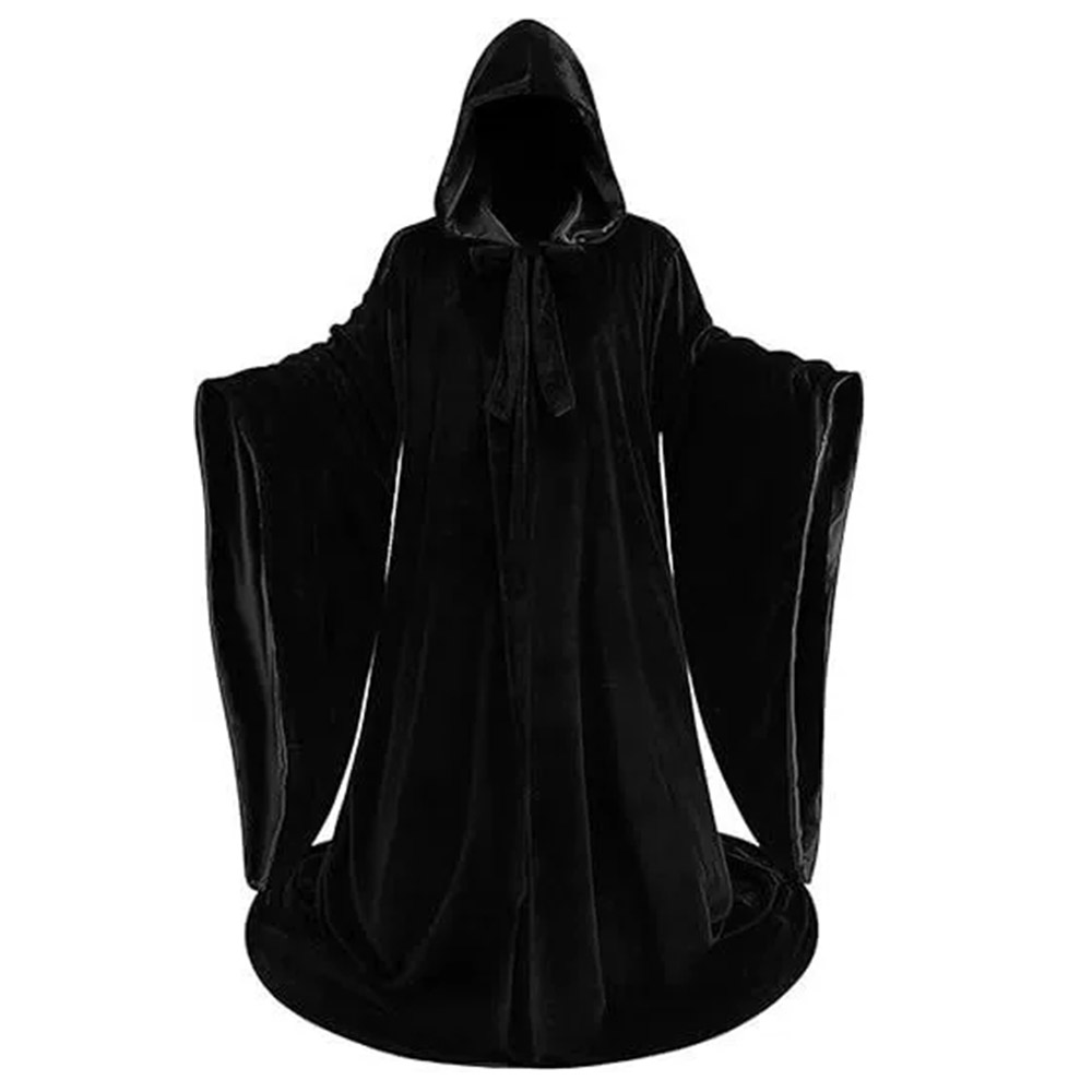 Costume da mantello con vestaglia nera medievale di Halloween Costume da prete per adulti Cosplay con cappuccio e mantello allentato spaventoso e spettrale per bambini e donne: nero