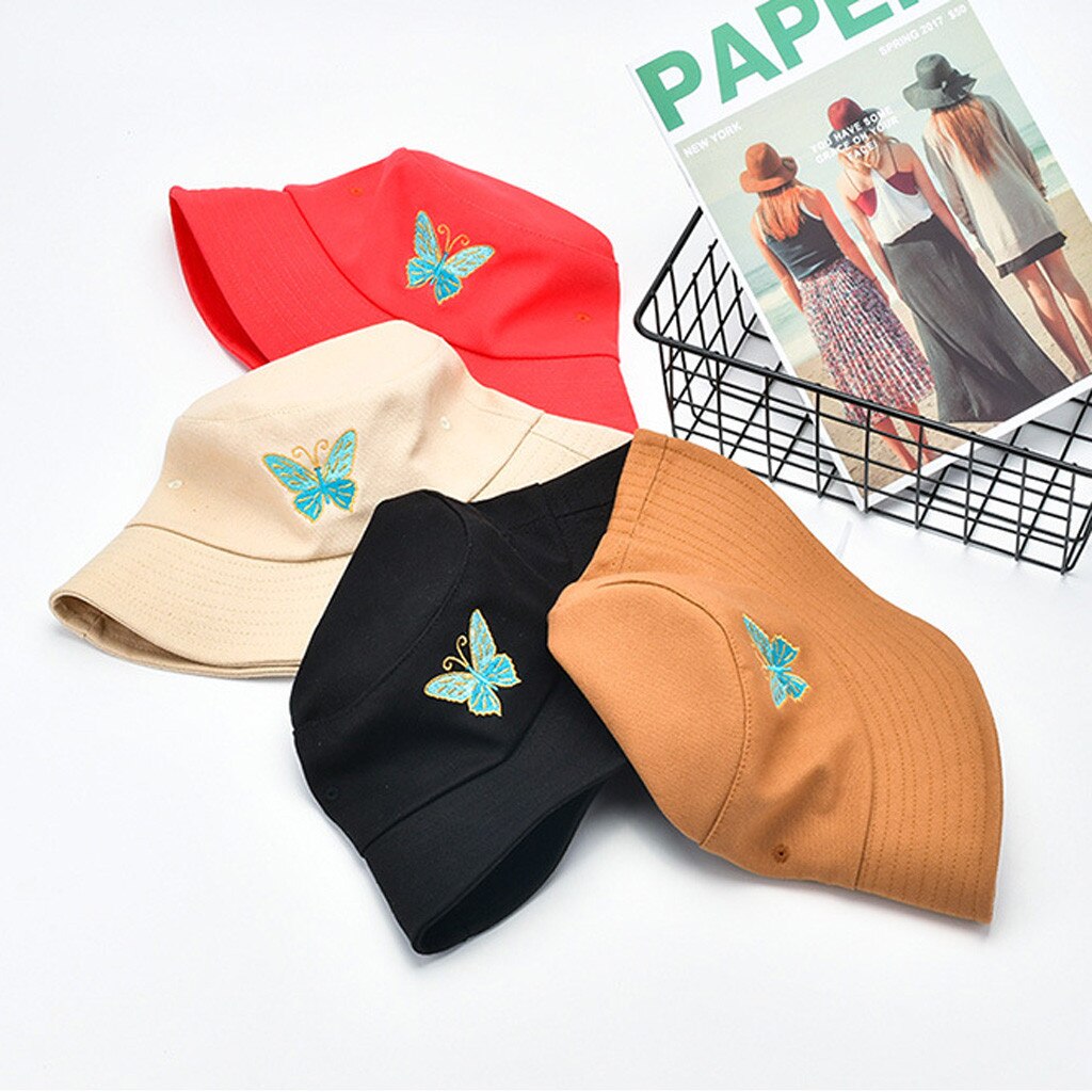 Skullies Beanies Women Butterfly Embroidery Foldable Anti-sunburn Bucket Sun Hat Cap Cuff Docker Fisherman Beanies Hats Skullcap