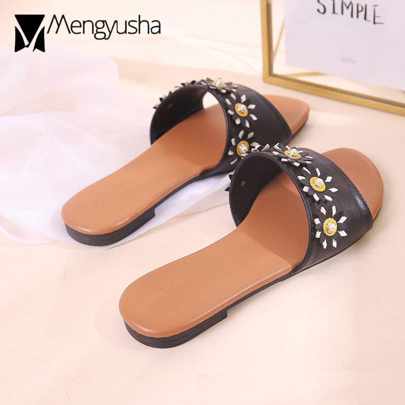 Parel Platte Sandalen Zon Bloem Kralen Slippers Vrouwen Open Teen Lederen Band Flip Flops Antislip Klinknagels Strand Sandalias mujer