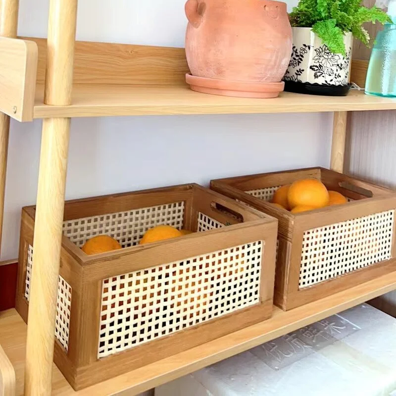Retro Opbevaringskasse i Massivt Træ - Rattan Kurv til Bøger, Snacks, Kosmetik - Organizer til Hjem, Badeværelse, Køkken