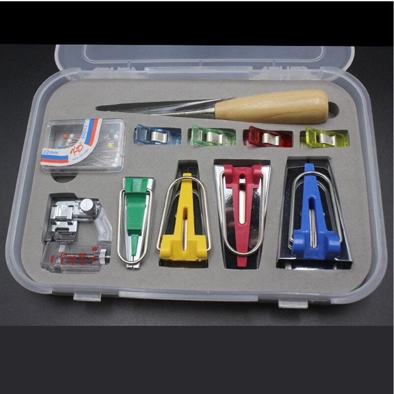 Stof Bias Tape Maker Set Stoffen Kleermakers Bias Tape Makers Bindmiddel Voet Houten Priem Clips Pins Diy Naaien Quilten Tool set