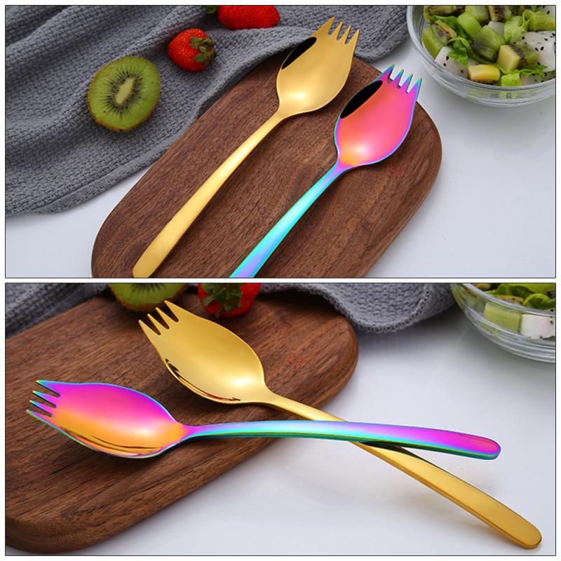 Tenedor y combinación de cuchara 2 en 1, vajilla de acero inoxidable de alta gama para ensalada, tenedor para Noodles, cuchara para sopa, cubiertos creativos para alimentos
