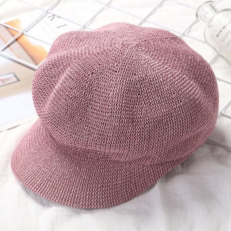 Octagonal Cap Straw Women Summer Thin Newsboy Cap Painter Straw Knitted Beret Mesh Breathable Sun Hat
