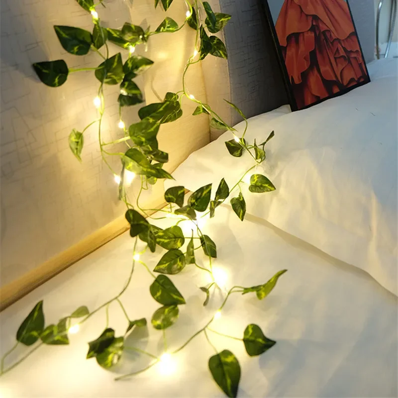 Guirnalda de luces de hojas verdes y flores, guirnaldas de vid artificiales con batería, guirnalda de árbol de Navidad, luz para deshierbe, decoración del hogar