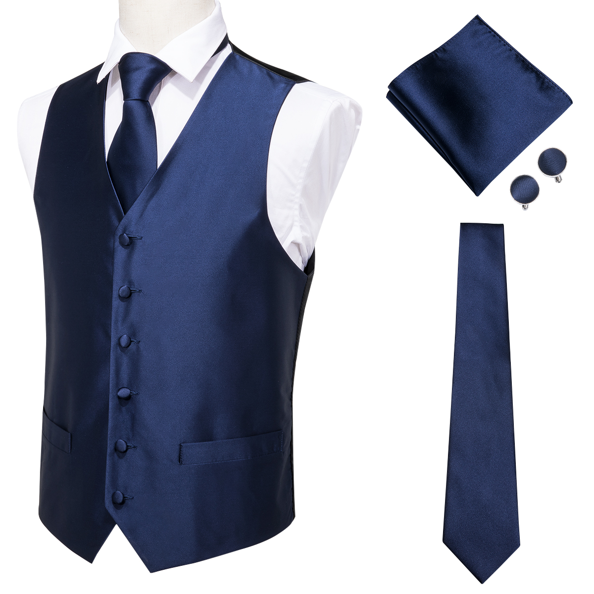 Hi-Tie 100% Silk Navy Men's Vest Suit Dress Vest Set For Men Solid Blue Smart Casual Male Waistcoat For Business Formal Jacket