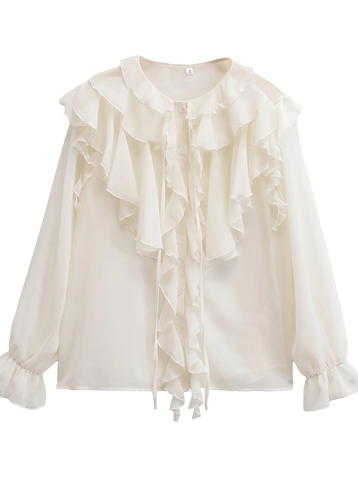 Xnwmnz dame halvtransparent skjorte med knyting og rysjer, retro rund hals, lange ermer, knapper foran, allsidig topp for kvinner: M