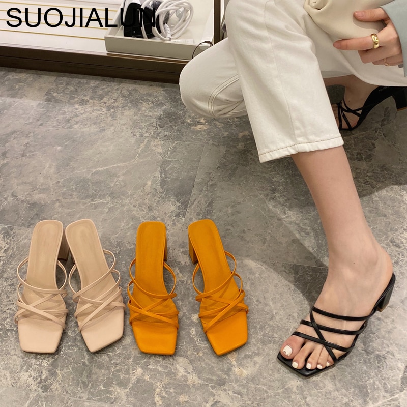Suojialun smalband kvinnor tofflor dam högklackat sandal sommar utomhus öppen tå slides pumps