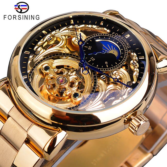 Forsining kongelig luksus månefase herre gylden gennemsigtig åben arbejde automatisk mekanisk armbåndsur top mærke luksus: S1125-2