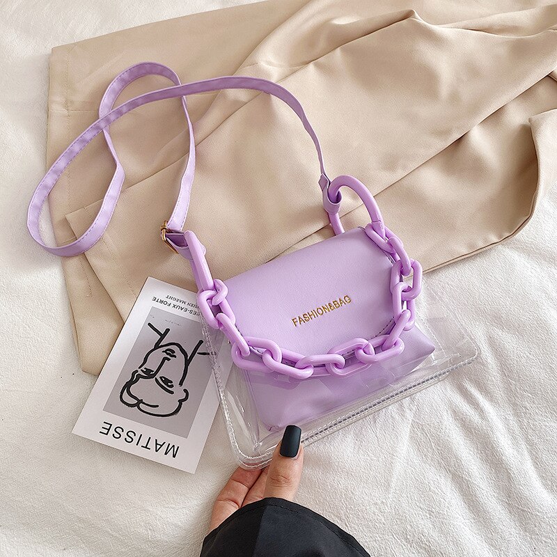 transparent PVC Umhängetasche Frauen PU Acryl Kette Damen Schulter Bote Klappe Handtaschen: Lavendel