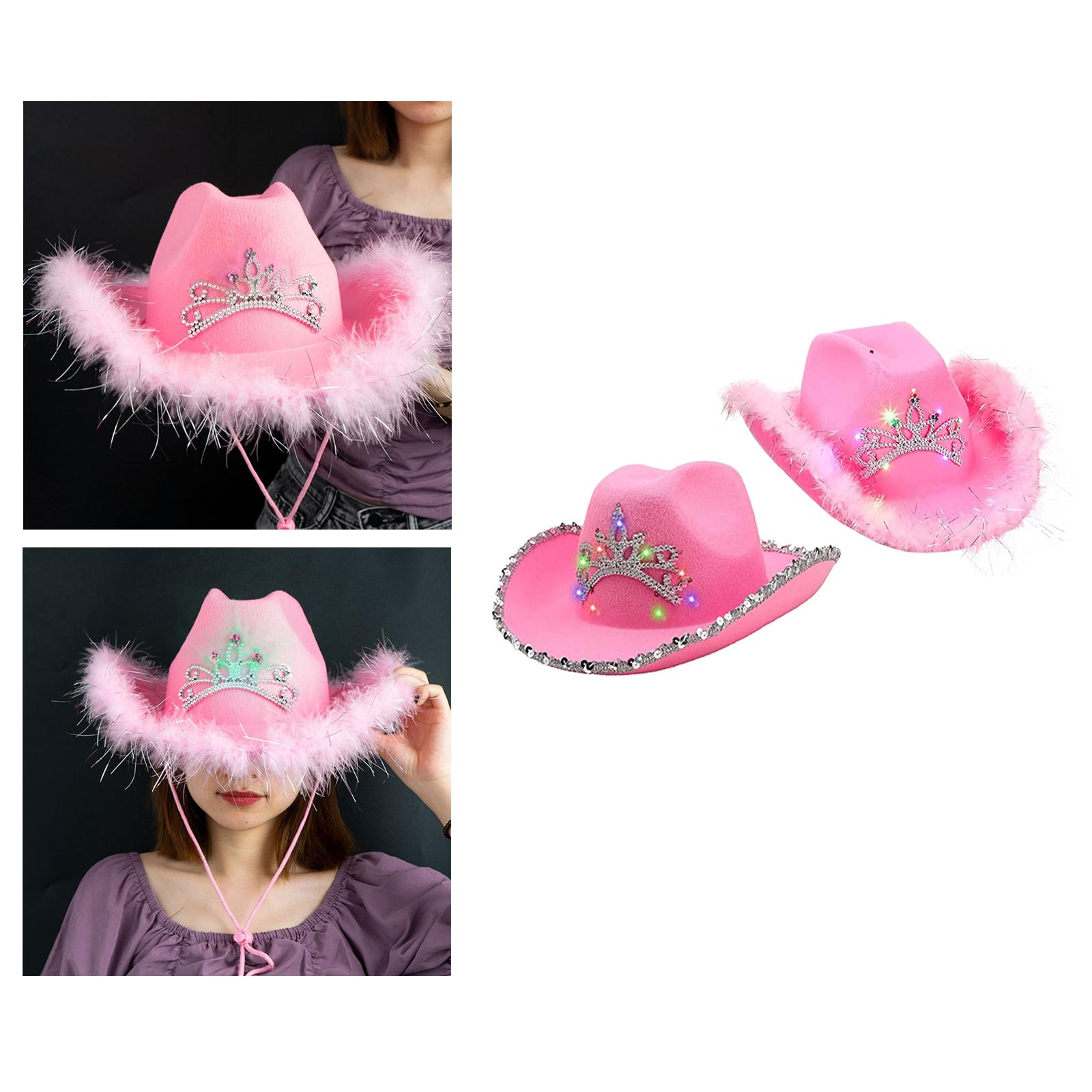 Sombrero de vaquero rosa de estilo occidental para mujer, sombrero de ala ancha deformado con decoración de lentejuelas, corona, Tiara, vaquera