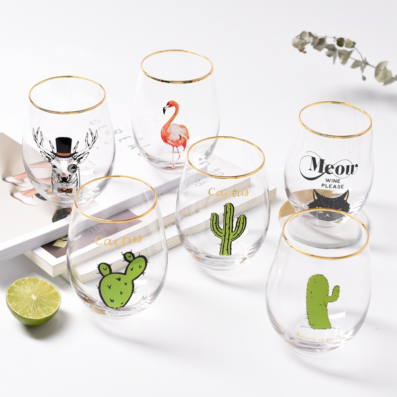 2 Stks/partij Creatieve Flamingo Cactus Kat Gedrukt Glod Glas Cup Crystal Water Wijn Bier Drinken Glazen