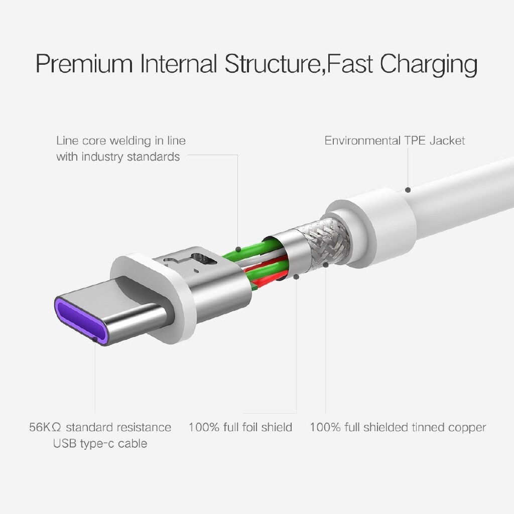 Cabo usb super dados 100% original huawei tipo c 5a, fio roxo (branco) segurança multi-camada de carga rápida de alta corrente