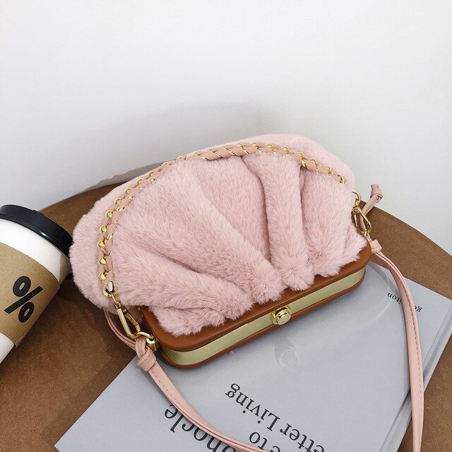 Faux Fur Small Soft Crossbody Bags for Women Winter Trend Shoulder Handbags Branded Trending Shell Bags and Purses: Pink