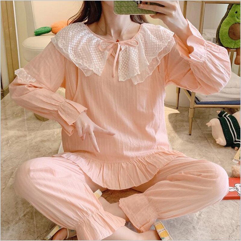 Roze katoenen nachtkleding voor de zwangerschap, herfst en zomer, pyjama's met kant voor de voeding van zwangere vrouwen, nachtkleding voor de zwangerschap  x057