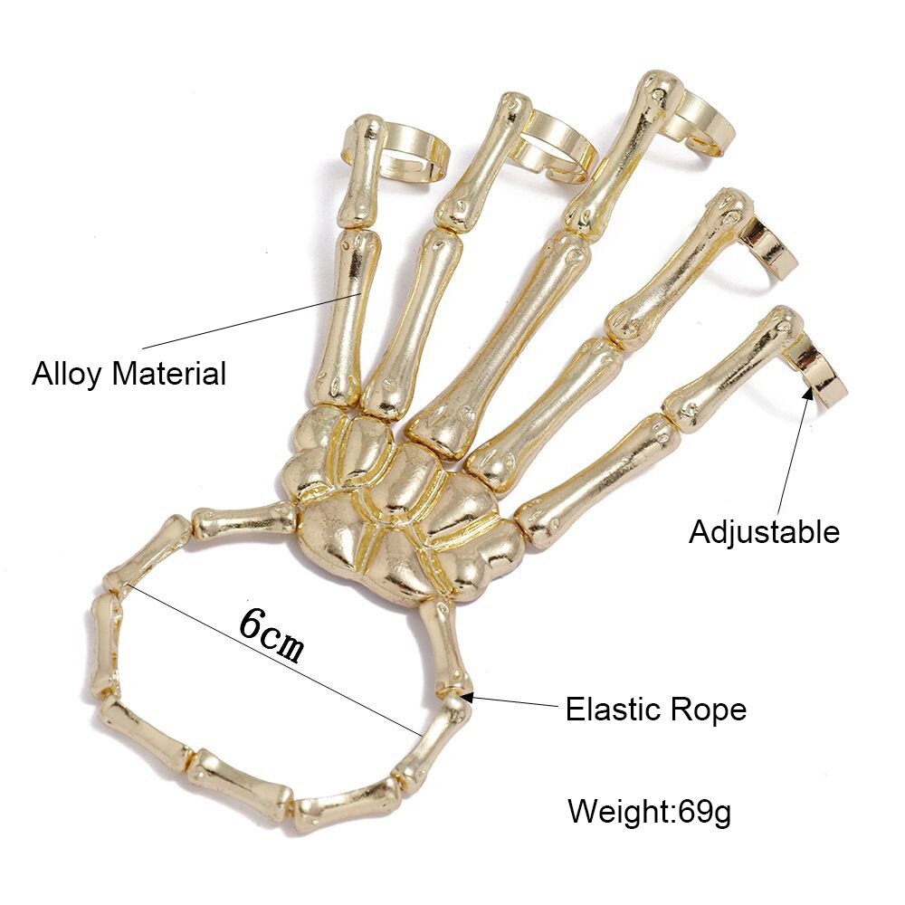 Punk Bracelet For Men Gothic Hand Chain Skull Skeleton Five Fingers Rings Adjustable Couples Women Bracelet Halloween Jewelry