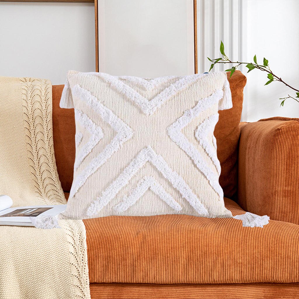 2Pcs Boho Throw Pillow Cover Cotton Woven Tufted Pillowcases White