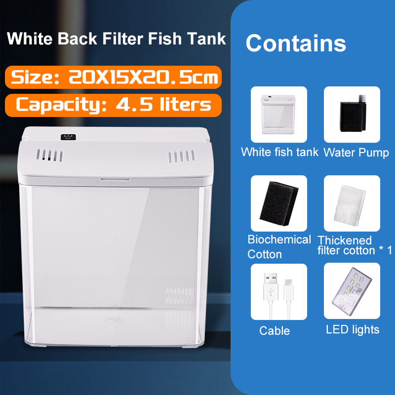 Aquarium Klein Mini Aquarium Thuis Vis Aquarium Zelfcirculerend Terugfilter Met Verlichting En Golfpompen Aquarium Kits: WHITE