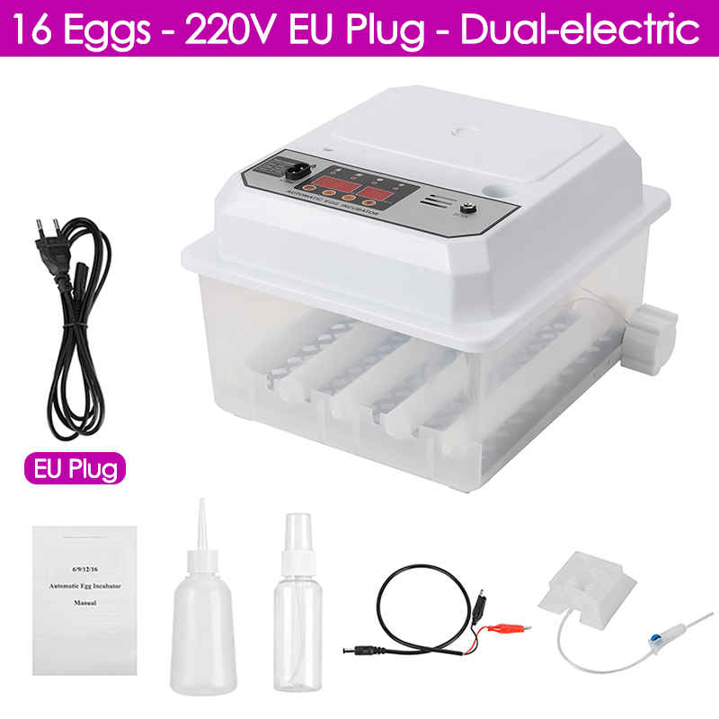 Fazenda aves totalmente automático girando incubadora de ovos duplo-elétrico mini chocadeira doméstica para frango ganso pato pássaro 16 ovos 220v: Branco