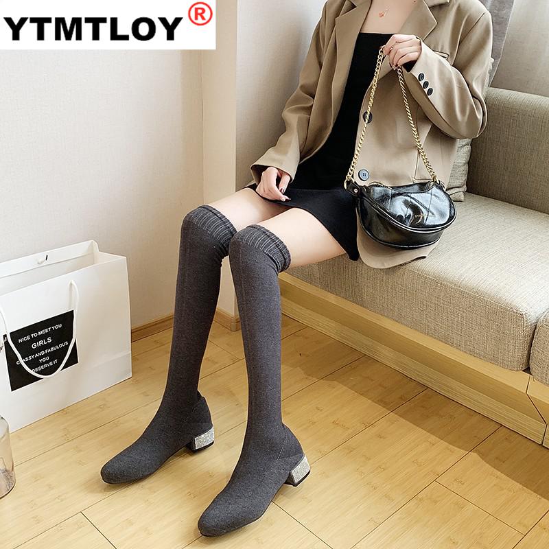 Bottines à bout rond pour femmes, talons hauts en caoutchouc et épais, chauds au dessus des genoux, printemps-automne, collection sans lacet