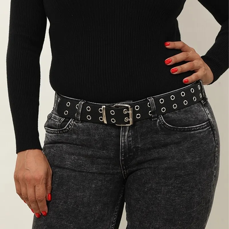 Dambälte trendigt dubbelringbälte dubbelhåligt öljettband läderspänne punkbälte fritidsklänning jeans gotiskt midjeband