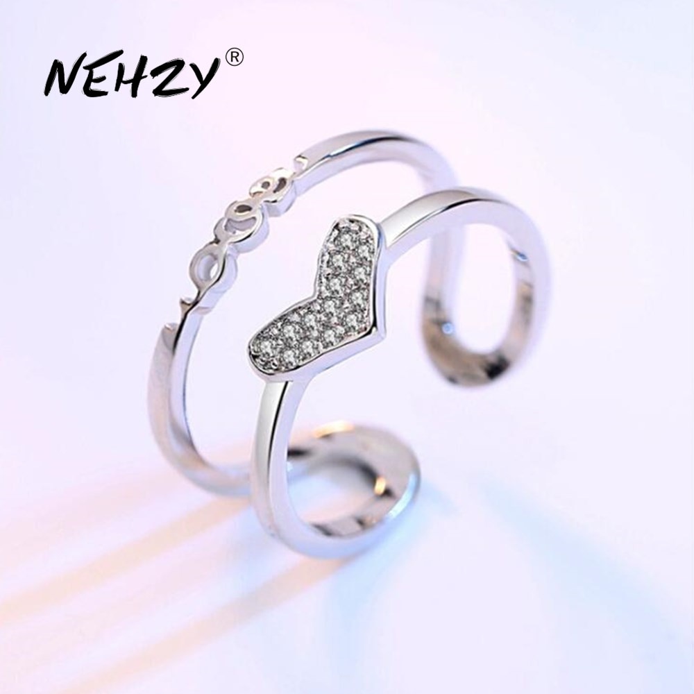 Nehzy 925 Sterling Zilveren Sieraden Retro Mode Vrouw Zirconia Hartvormige Hollow Size Verstelbare Ring