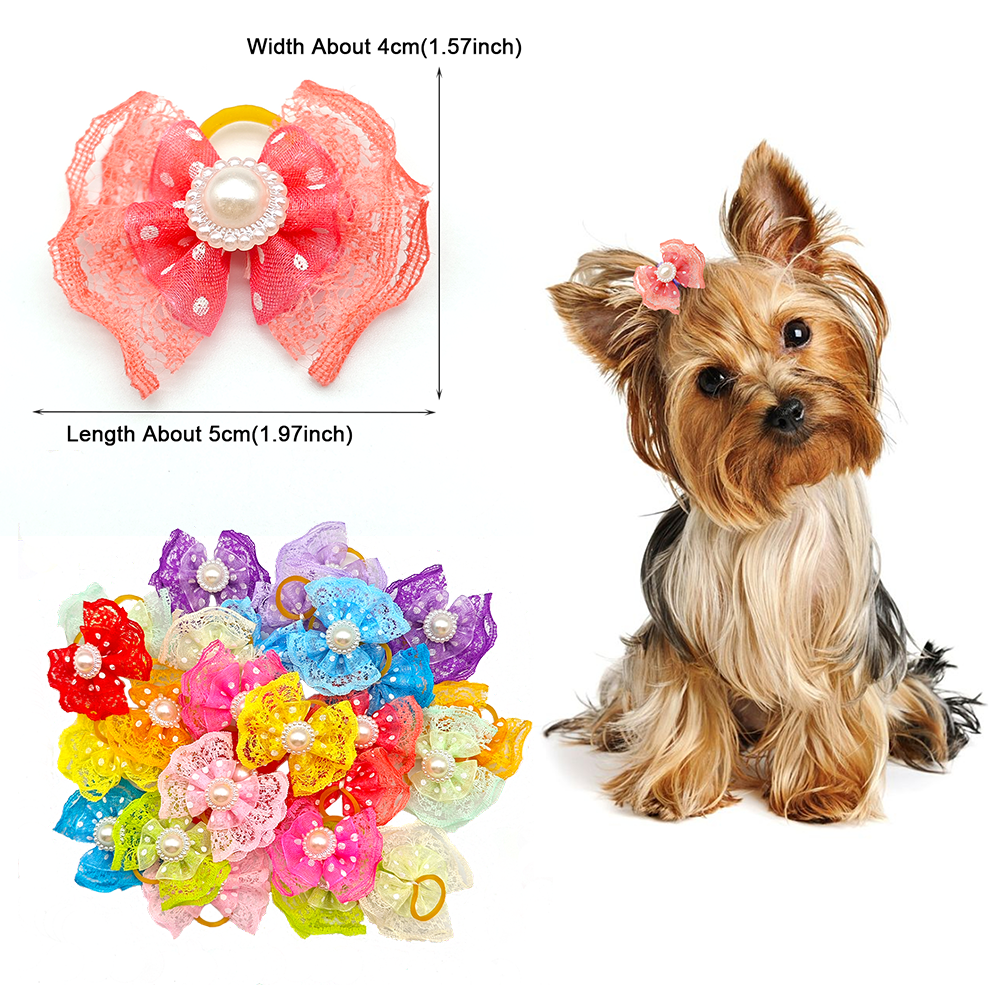 100 piezas de lazos para el cabello de encaje de doble capa para perros pequeños, pinzas para el cabello para el cuidado de mascotas, accesorios para el cabello para cachorros con banda de goma