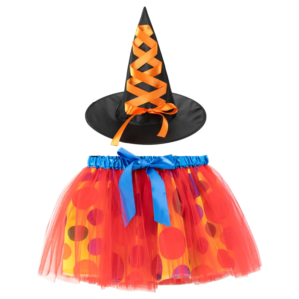 Children Girls Halloween Polka Dot Spiderweb Witch Skirt Hat Spider Web Tutu Outfit Party Dress Up Cosplay Costumes Carnival: S / Brown