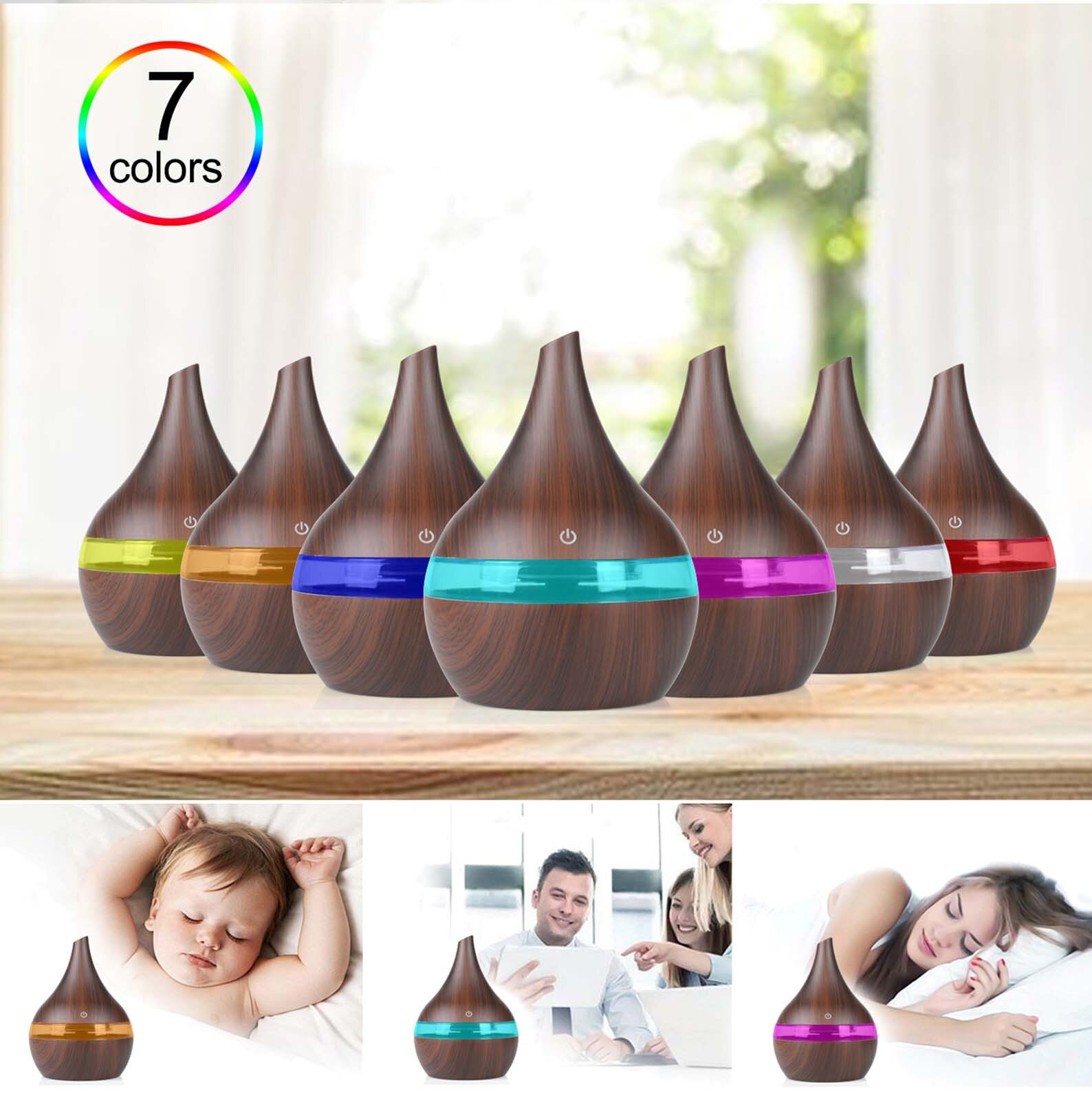 4 #300Ml Essentiële Olie Diffuser Houtnerf Ultrasone Luchtbevochtiger Led Buntes Licht Transformieren Aromabefeuchter Voor Thuis