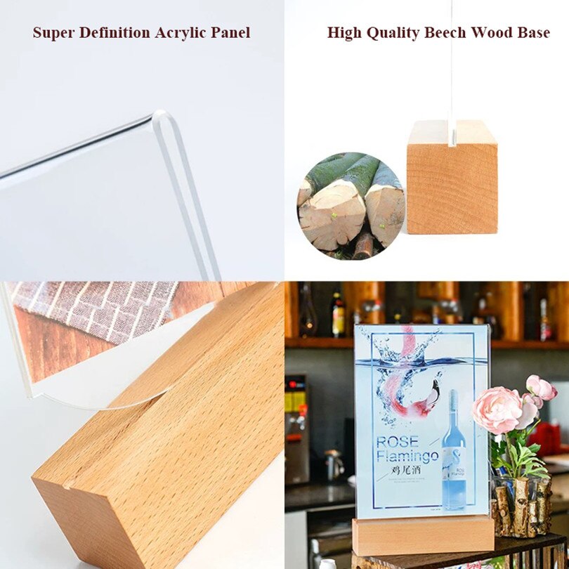A4 Wood Acrylic Sign Display Stand Menu Paper Holder Frame Price Listing Board For Restaurant And Coffee Shop