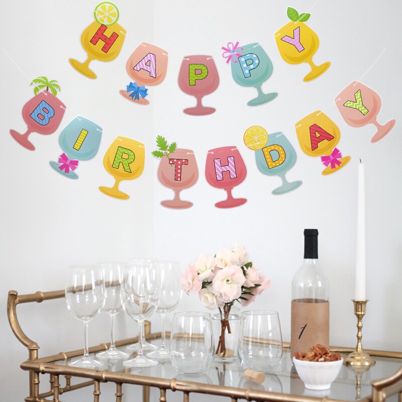 1set Happy Birthday Letter Pull Flag Wine Bottle Mermaid Baby Shower Theme Party Paperboard Banner Backdrop Decoration Supplies