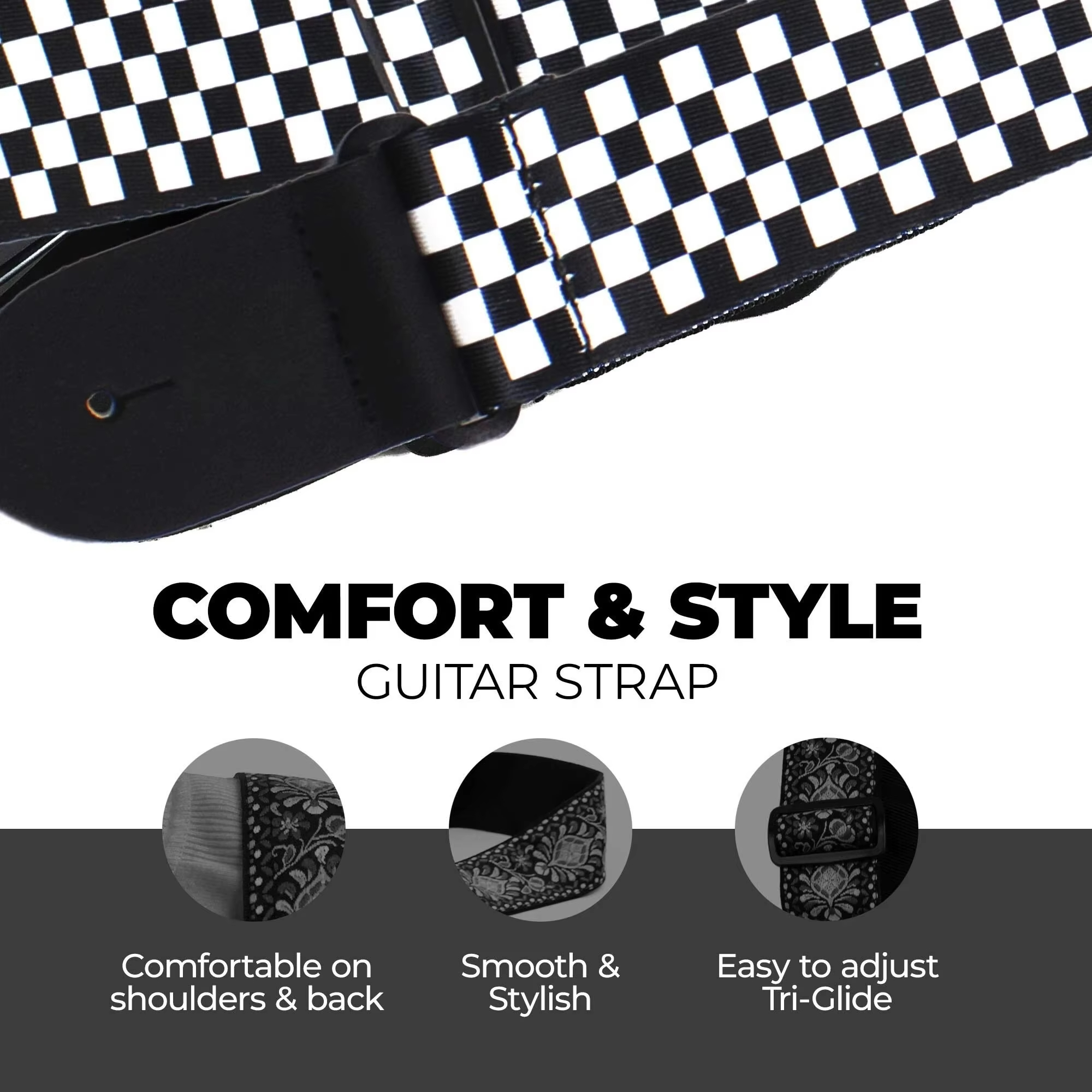 10 peças alça de ombro de guitarra, padrão de quadrados preto e branco alça de ombro de guitarra ajustável inclui 5 palhetas de guitarra e 1 retenção