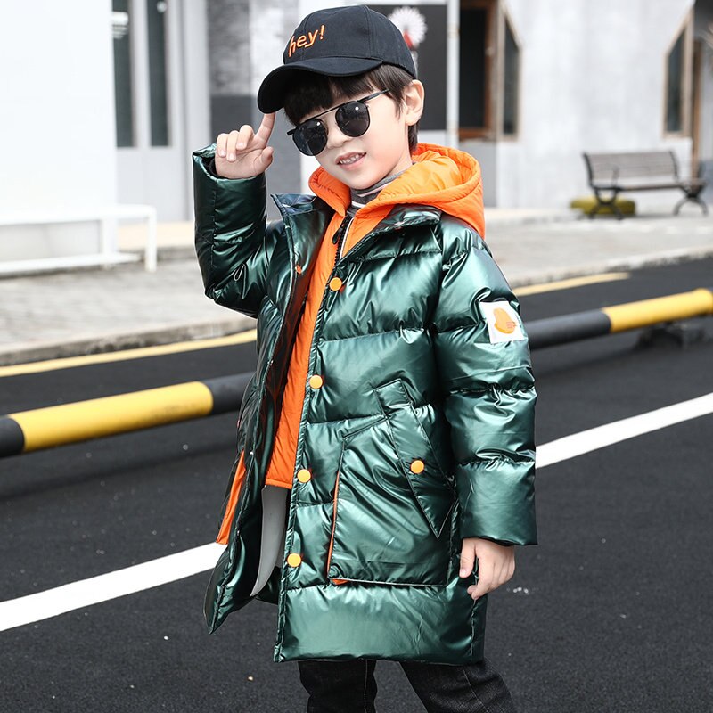Kids Winter Long Style Jacket Coat For Boys Children Hooded Outerwear Warm Clothes Age 4 5 6 7 8 9 10 11 12 13 Years Old: Green / 7