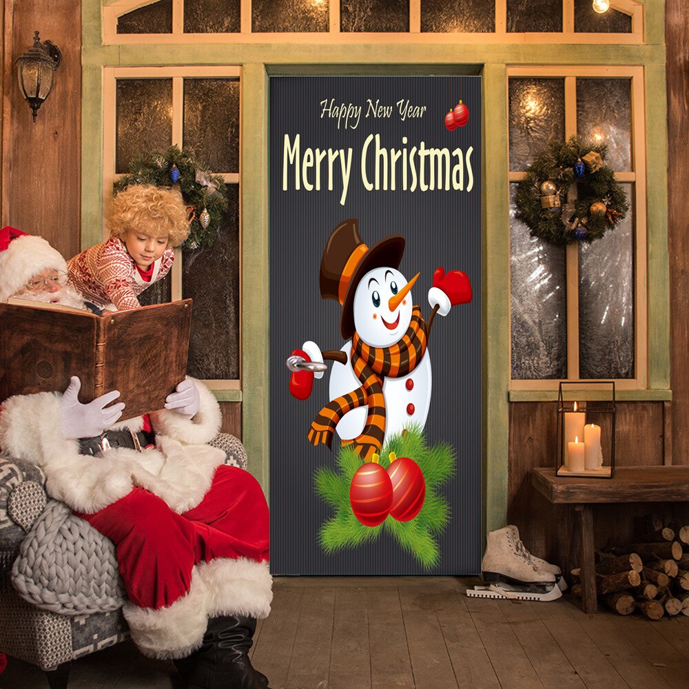 77x200cm Christmas Snowman Mural Decal Home Decor Vinyl Self Sdhesive Door Sticker For Living Room Bedroom DIY Waterproof Poster